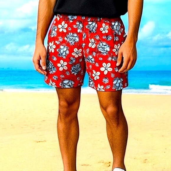 VINYARD VINES MEN’S SWIM SHORTS Floral Red Large Like New Drawstring Waistband - Picture 5 of 15